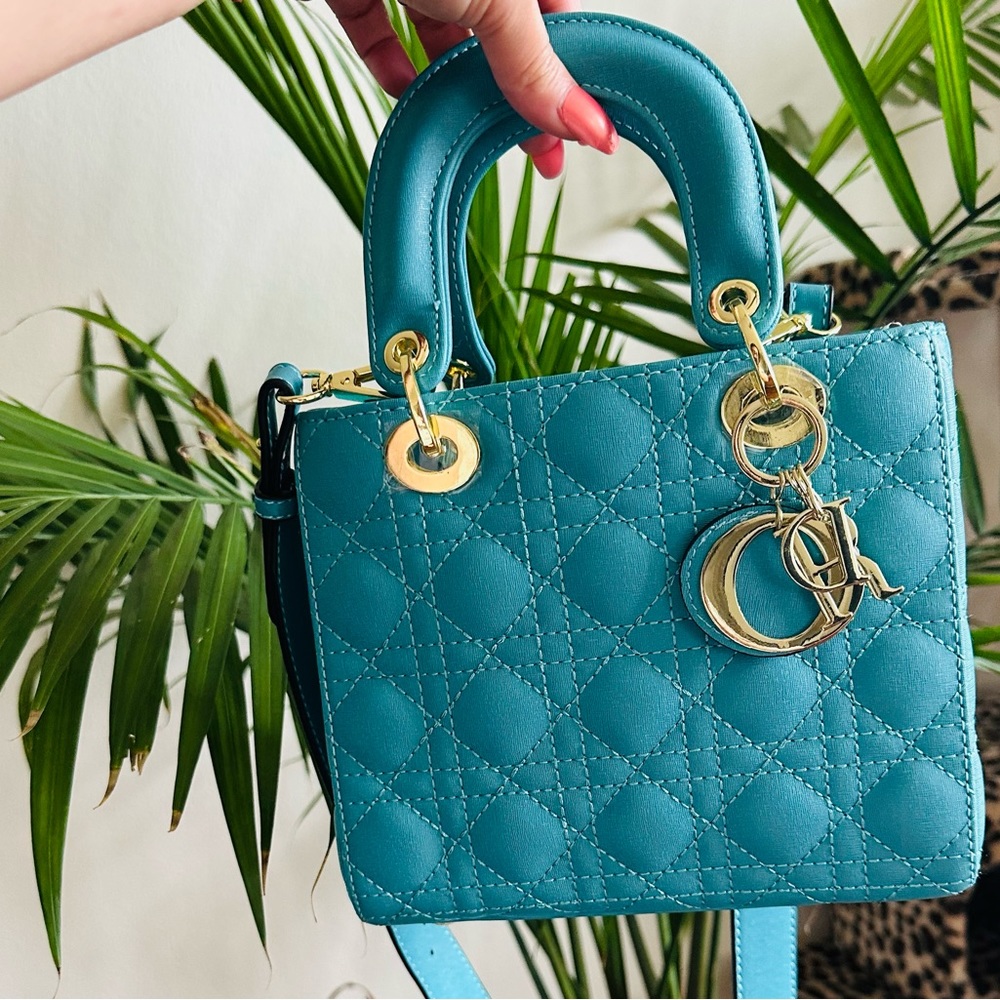 Turquoise Quilted Crossbody Bag with Gold Hardware
